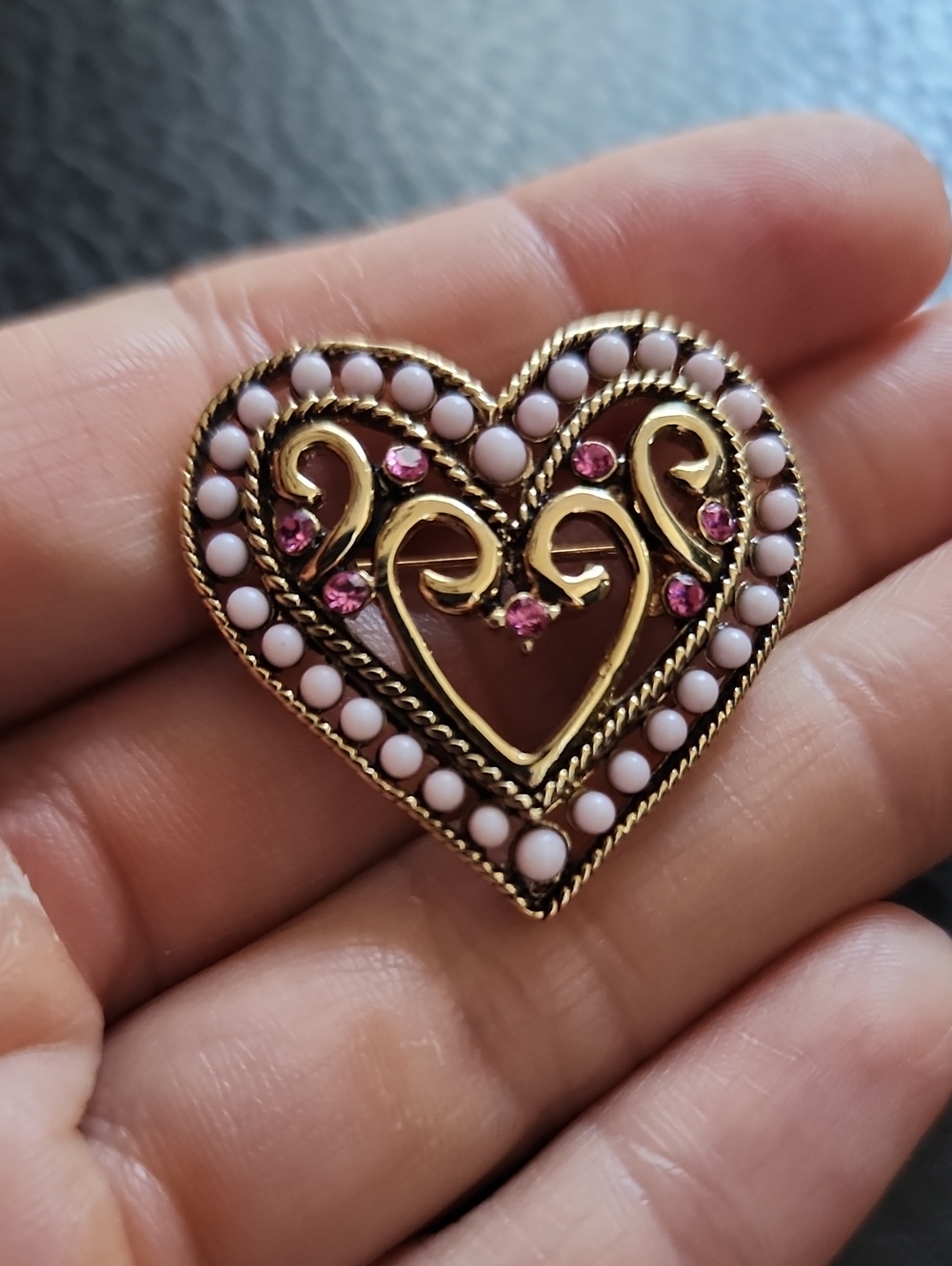 Gold-Tone Pink Heart Brooch with Pink Crystals